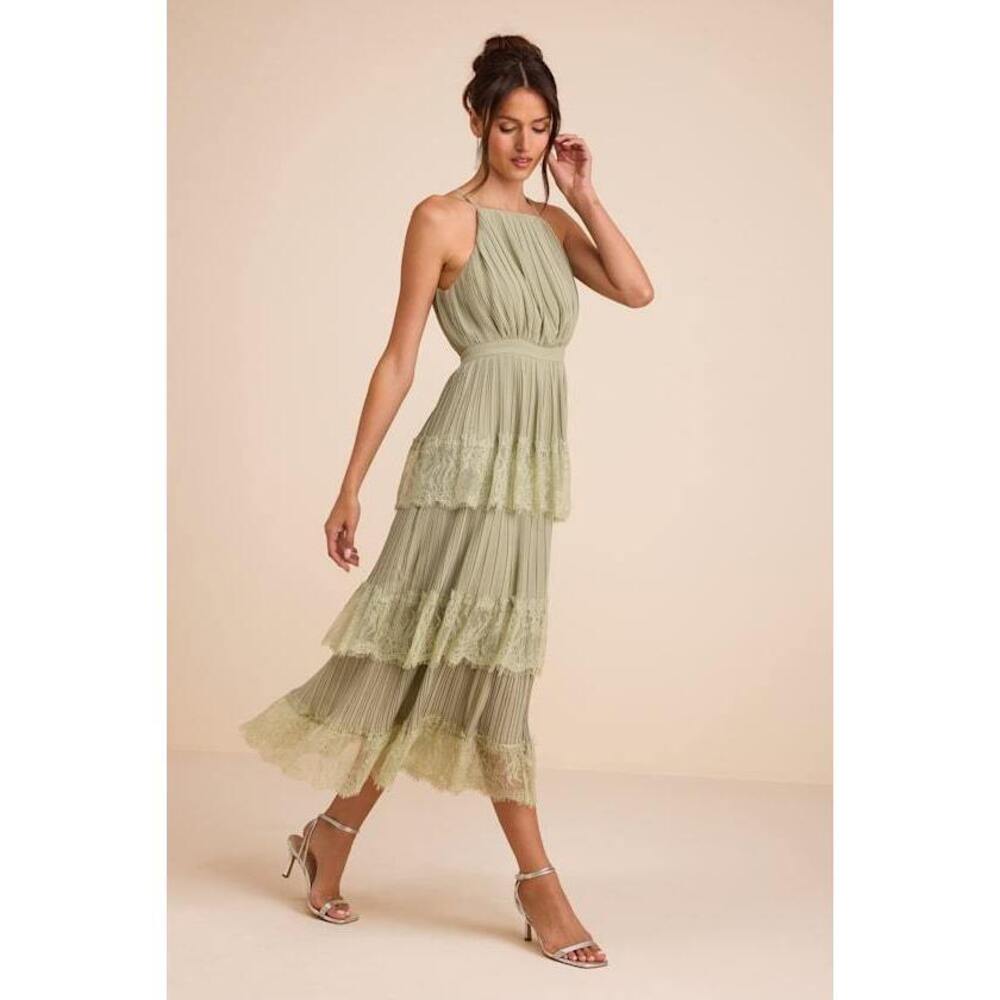 Lulus Came For Cocktails Sage Green Pleated Tiered Lace Maxi Dress - Size S